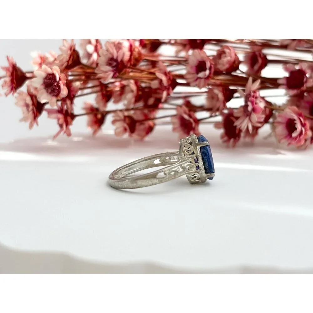 Lapis Lazuli Oval Cut Ornate Cutout Sterling Silver Vintage Ring - sz 4.75 - Picture 9 of 10